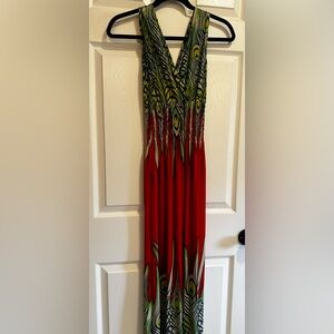 Flowy Red and Peacock Print Maxi Dress In Xtra Small-Small
